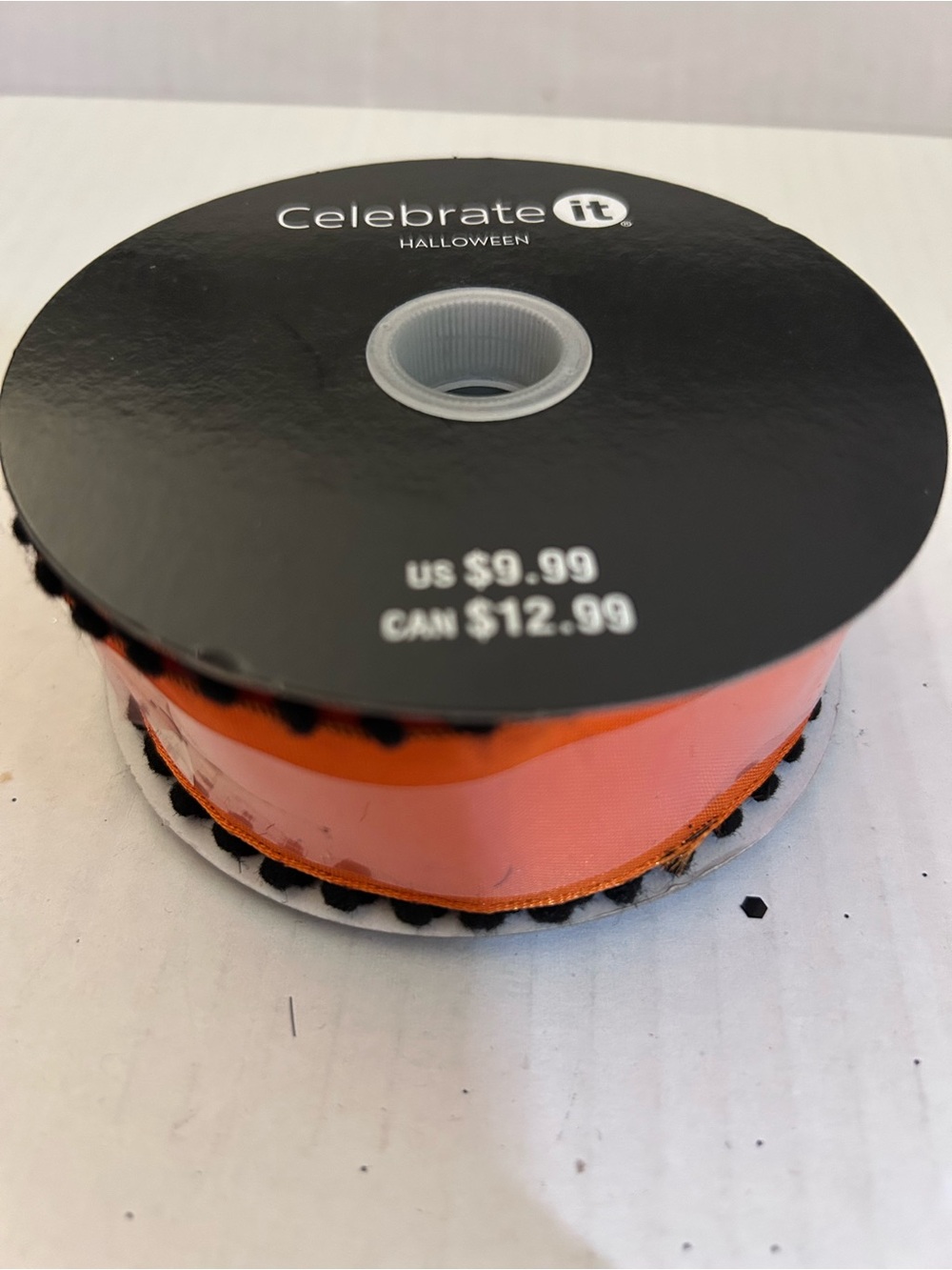 Celebrate It Orange wired Ribbon with Black Pom Pom Trim 1-1/2”